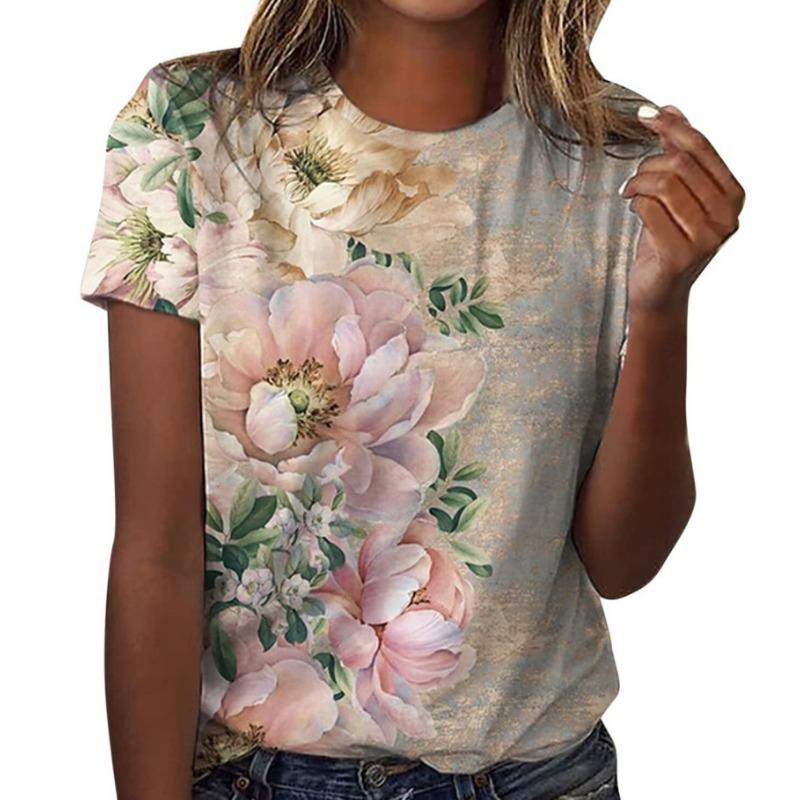 Casual Floral 3D Printed Short Sleeved Round Neck T-shirt