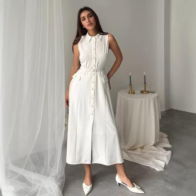 Женское рабочее платье без рукавов с поясом и жемчужными пуговицами, утягивающее с разрезом