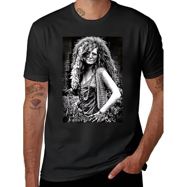Janis Joplin Vintage Rock Tee for Men - Soft Cotton Short Sleeve Crew Neck T-Shirt with Iconic Black & White Portrait Graphic, Perfect for Music