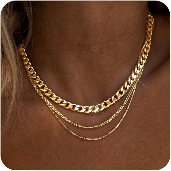Женский многослойный чокер-ожерелье с золотым покрытием - Набор из 3 минималистичных цепочек кубинского плетения и скрепки