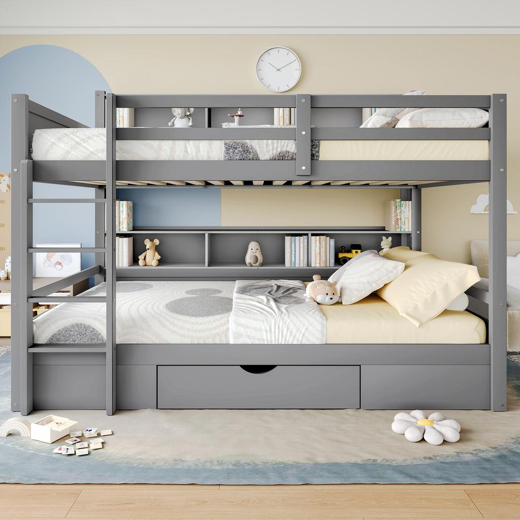 =(WX000708AAE)Bunk beds, 90x200cm(90x200cm) single beds, children's beds, , bunk beds, with drawers, with storage compartments, without mattress, grey