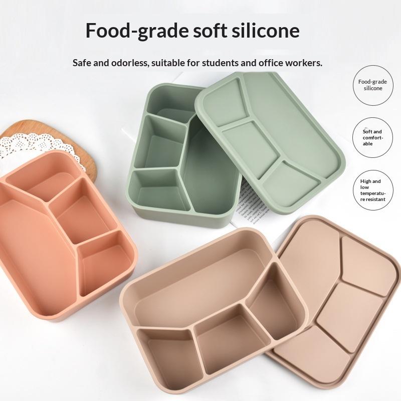 Силиконовый ланч-бокс Bento с четырьмя отделениями Многоразовый силиконовый ланч-бокс Утолщенный и герметичный Пищевой Разделенный ланч-бокс Для школы