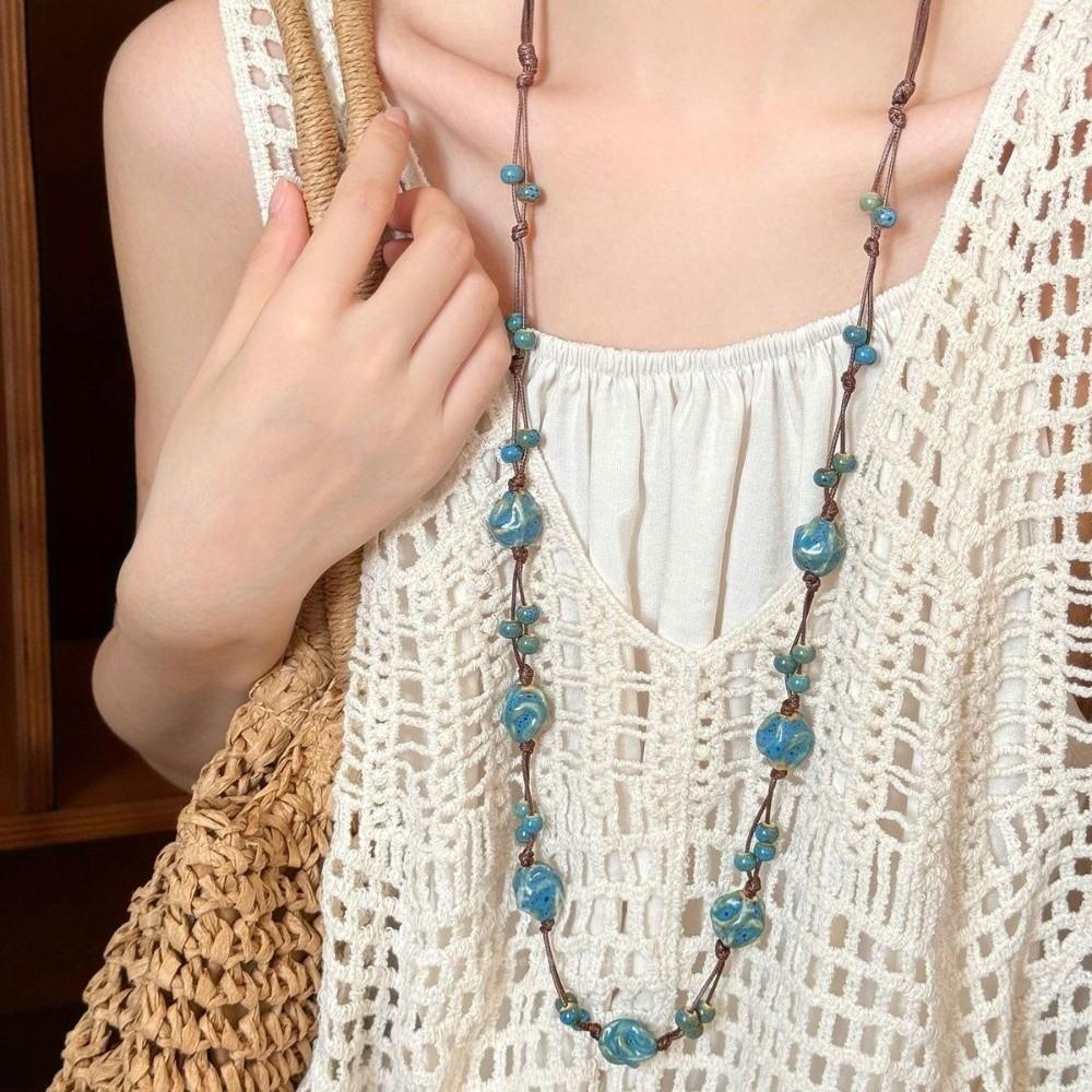 Vintage Long Necklace Ethnic Style Ceramic Chain Temperament Beaded Necklaces Layering