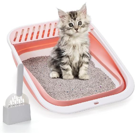 Складной лоток для кошек, большой, с регулируемой высотой, открытый, с защитой от разбрызгивания, для котят, легко чистится, с совком (Серый)