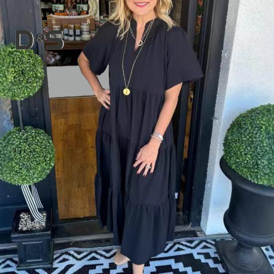 Женское платье миди с V-образным вырезом, летнее повседневное платье макси с коротким рукавом, струящееся многоярусное пляжное платье в стиле бохо для отпуска