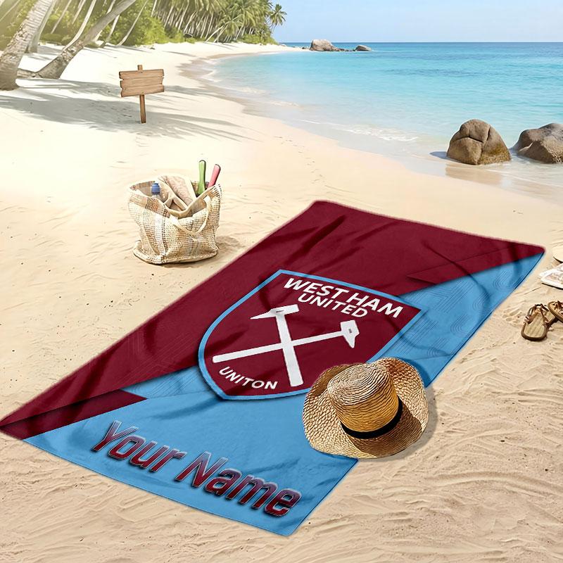 Пляжное полотенце West Ham United FC с персонализированной печатью, логотип клуба, поддерживающий текст с именем, впитывающее полотенце для спорта, путешествий, особый подарок