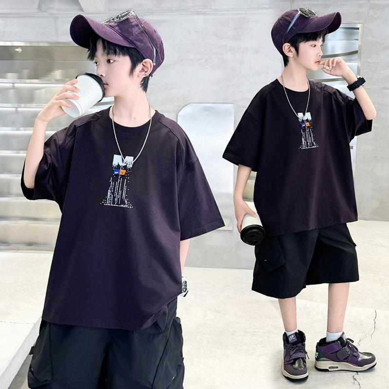 Boys' summer outfit set 2026 new item, mid size children's summer boys' thin short sleeved children's cool and fashionable top trend