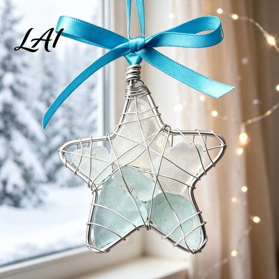 Christmas Sea Glass Keepsakes Handmade Star Coastal Style Hanging Ornament Wire Wrapped Art Star Decoration with Bowknot for Tree Window Decor