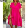 Женская мода лето весна однотонный принт с коротким рукавом и v-образным вырезом свободная талия повседневные платья