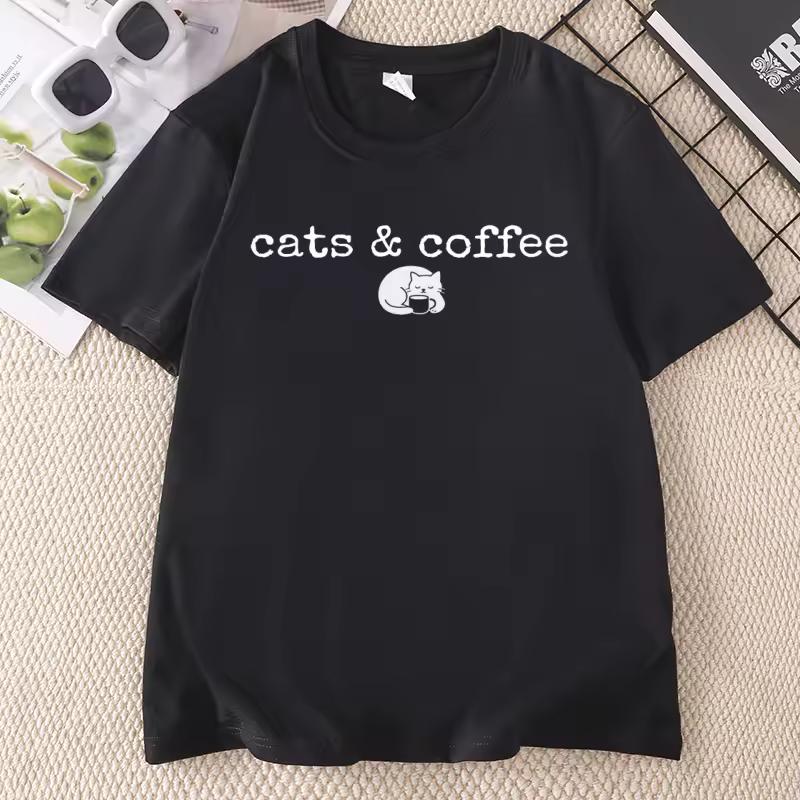 Cats and Coffee Lover Tee Women Funny Black Cat Tshirt Casual Round Neck Printed Graphic Tee Summer Cotton Short-sleeve Tee