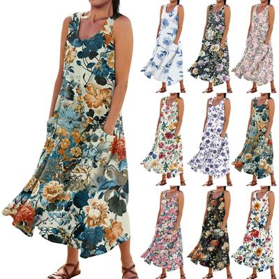 Женское повседневное удобное хлопковое карманное платье без рукавов с цветочным принтом