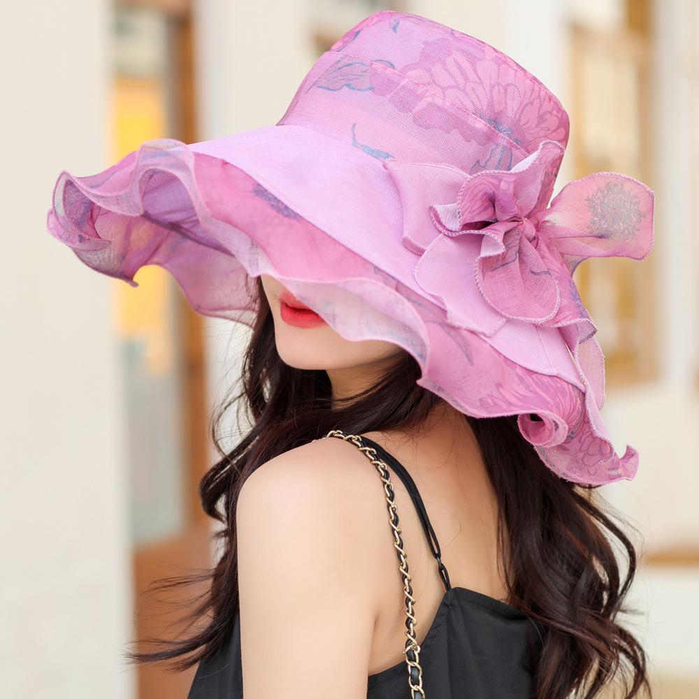 Big eaves lace sunshade women's spring and summer travel mesh yarn hat sunscreen elegant organza breathable folding sun hat