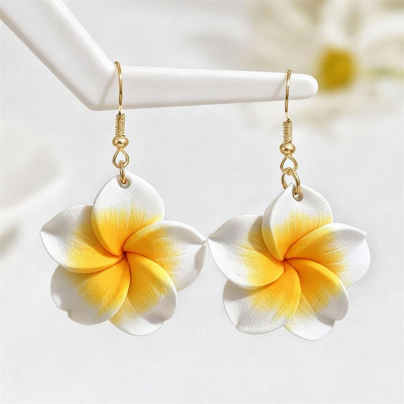 Boho Hawaiian Plumeria Earrings for Women White Pink Polymer Clay Flower Drop Dangle Earrings Summer Beach Vacation Jewelry Gift