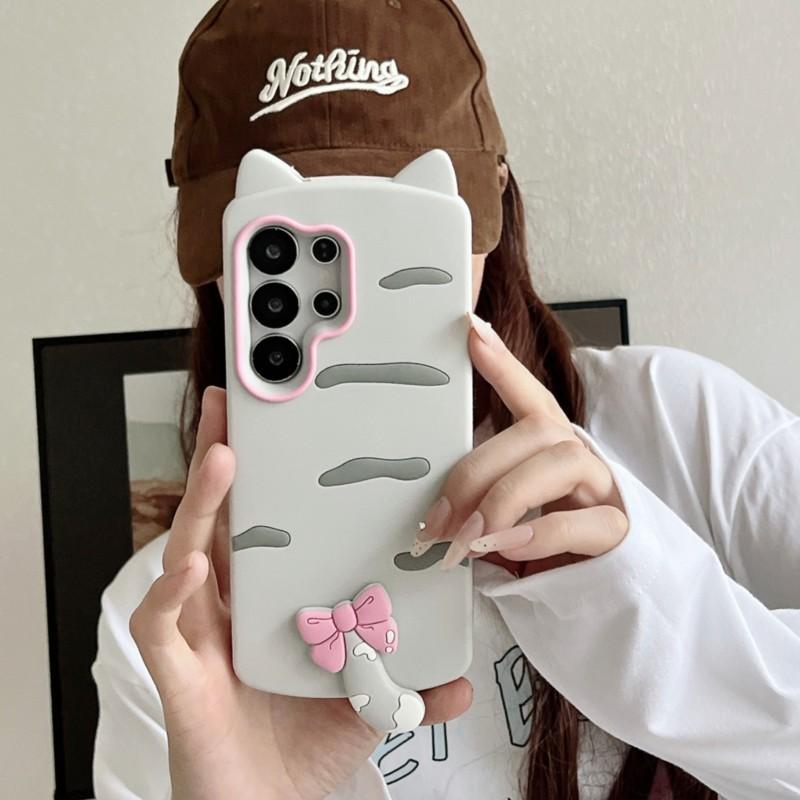 3D Cat Ears Tail Silicone Phone Case for Samsung Galaxy S23 S24 S25 S26 Ultra FE A56 A55 A36 A35 A26 A17 A16 A24 A25 A26 and iPhone 17 16 15 14 13 12