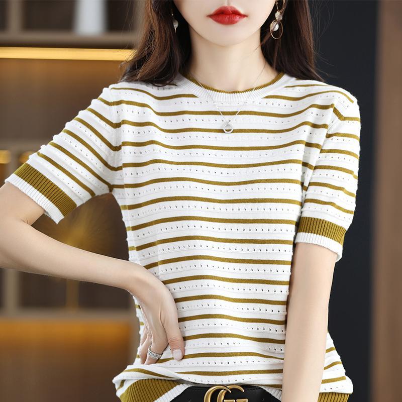 Летняя женская винтажная полосатая футболка, универсальная, ажурная, модная, с коротким рукавом, с круглым вырезом, свободная, повседневная, трикотажная, с пуловером