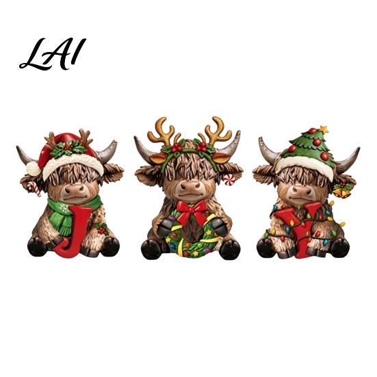 Decorative Pieces for Interior 3Pcs Christmas Highland Cow Figurine Resin Yak Statues with JOY Letter Sign Detailed Figurines Porch Farmhouse