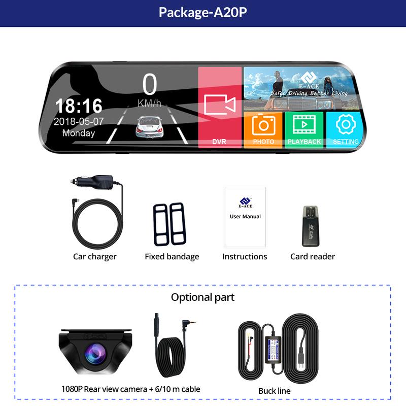 E-ACE 10 Inch Car DVR Mirror Video Recorder 1080P Touch Screen Dashcam For Car AHD Lens Streaming Driving Recorder Dash Camera
