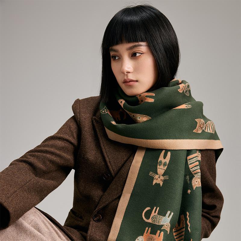 Winter Cashmere Scarf Women Luxury Cat Print Female Shawl Wrap Scarves Lady Thick Warm Blanket Gift Echarpe Pashmina