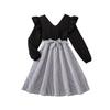 Платье для девочек Детская одежда Осень Новый стиль V-образный вырез Кружево Длинный рукав Лоскутное Полосатое Платье принцессы