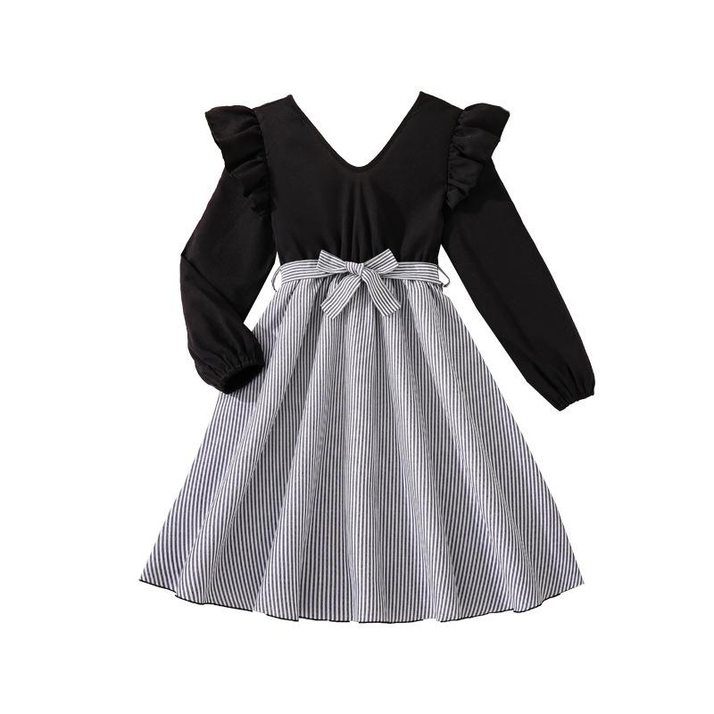 Платье для девочек Детская одежда Осень Новый стиль V-образный вырез Кружево Длинный рукав Лоскутное Полосатое Платье принцессы