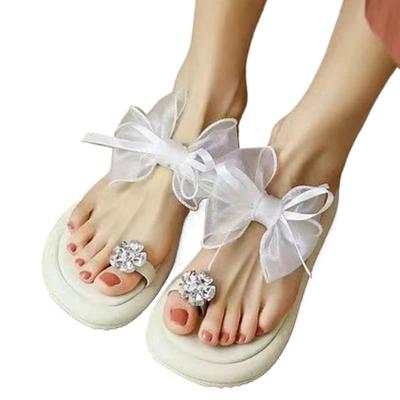 Мода 2024 года, женские/девчачьи кружевные тапочки с бантом, сандалии на платформе с кристаллами и цветком, женские черно-белые узкие шлепанцы, шлепанцы