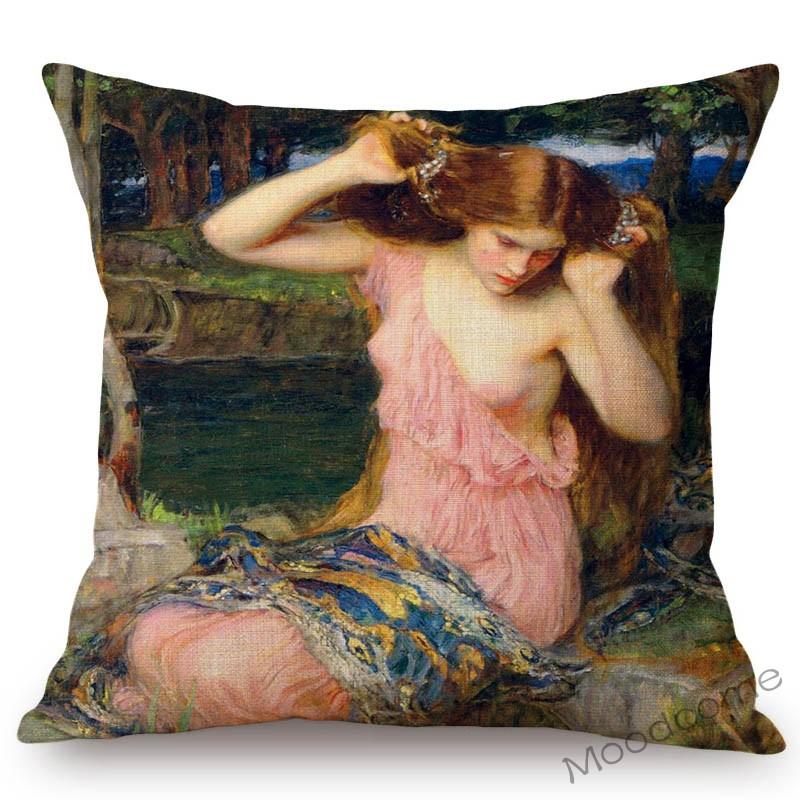 Aestheticism Master John Waterhouse Ancient Greek Myths Goddess Oil Painting Sofa Pillow Case Young Girls Linen Cushion Cover