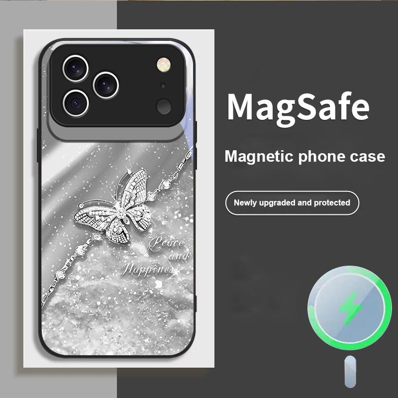 Элегантная синяя бабочка Для iPhone 17 Pro Max 16 E 15 14 13 Plus 12 mini 11 17 Air XR Xs Max 7 Plus Magsafe Стеклянный Чехол для Телефона