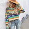 Women's Rainbow Crew Neck Stripe Knit Pullover Sweaters Long Sleeve Casual Loose Oversized Tops