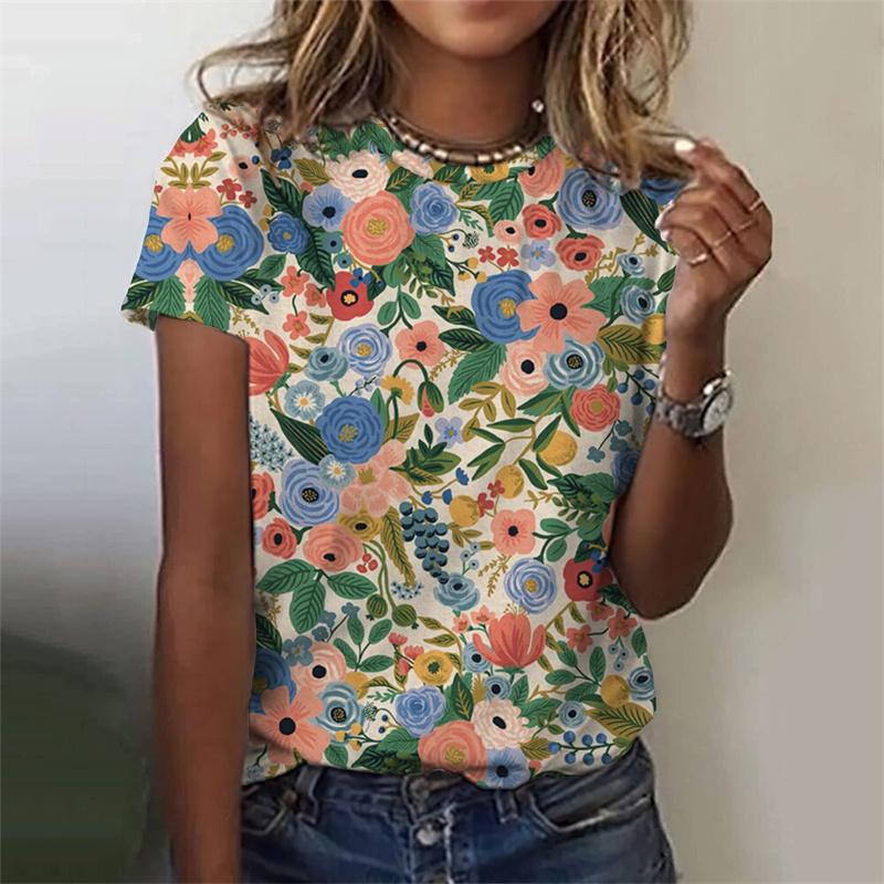 3D Printed Flower T Shirt For Women Floral Graphic Short Sleeves Summer Fashion Street O-Neck Tees Tops Loose Oversize T-Shirts