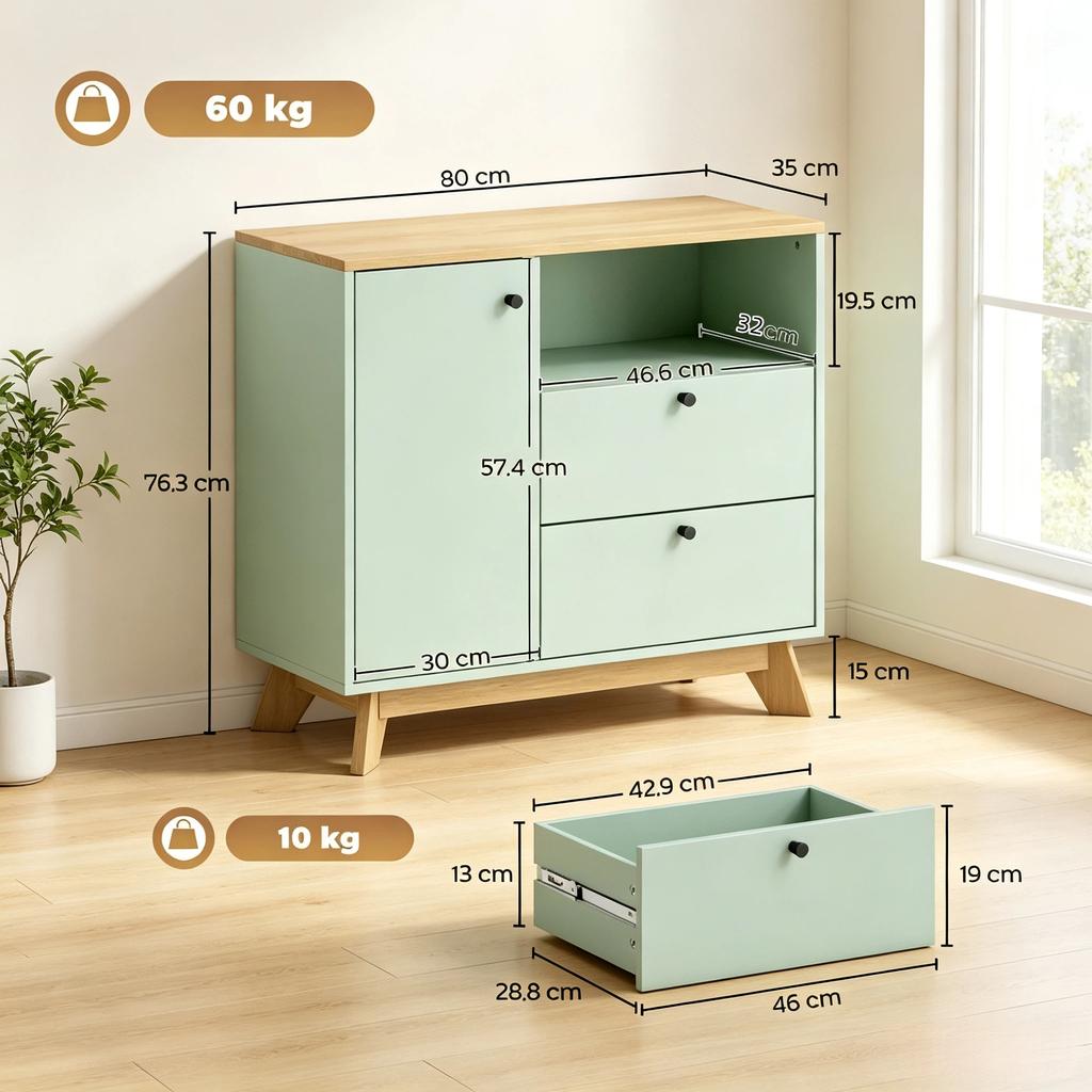 Buffet-Salon, storage furniture with door, 2 drawers, open compartment and adjustable shelf