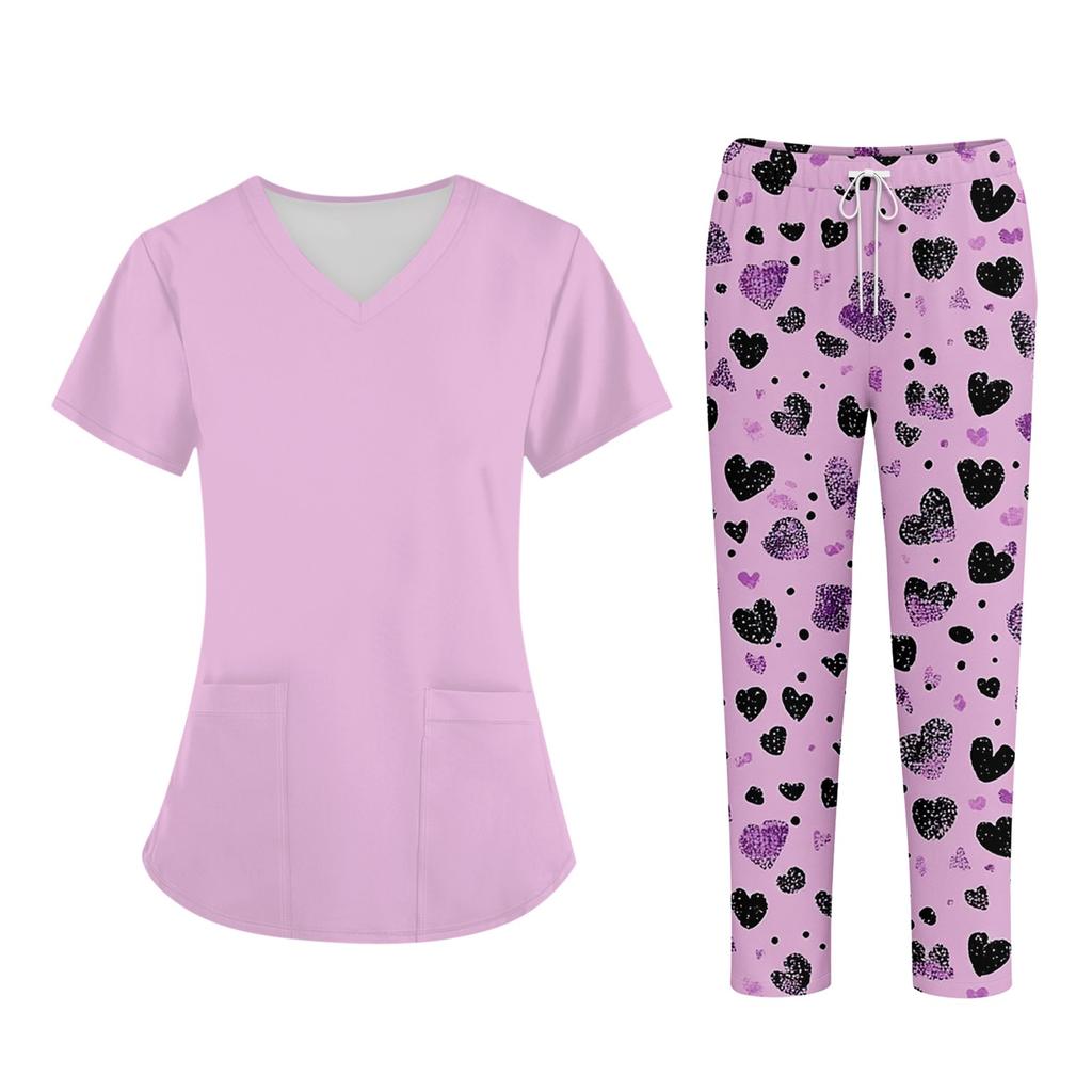 Plus SizePrinted Scrub Working Uniform Tops For Women's Cross V-Neck Halloween Print Short Sleeve Fun T-Shirts Workwear Tee With Pockets