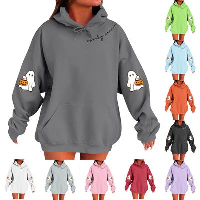 Женский однотонный пуловер с длинным рукавом, капюшоном и повседневным принтом на Хэллоуин