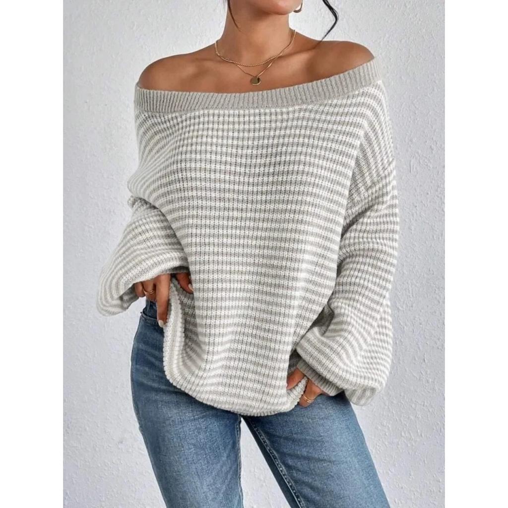 Versatile Knitted Top One-Row Neck Lace-Up Style Sweater Loose Fit Striped Lantern Sleeve Tops