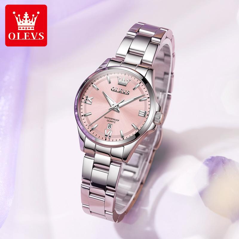 OLEVS Original Womens Quartz Watch Solid Stainless Steel Waterproof Calendar Ladies Watch Fashion Simple Elegant Wristwatch