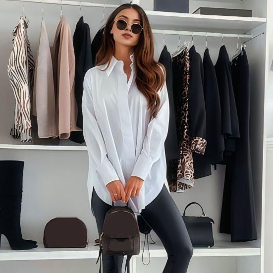 Women Casual Shirt Lapel Long Sleeve Single Breasted Shirt Tops Solid Color Loose