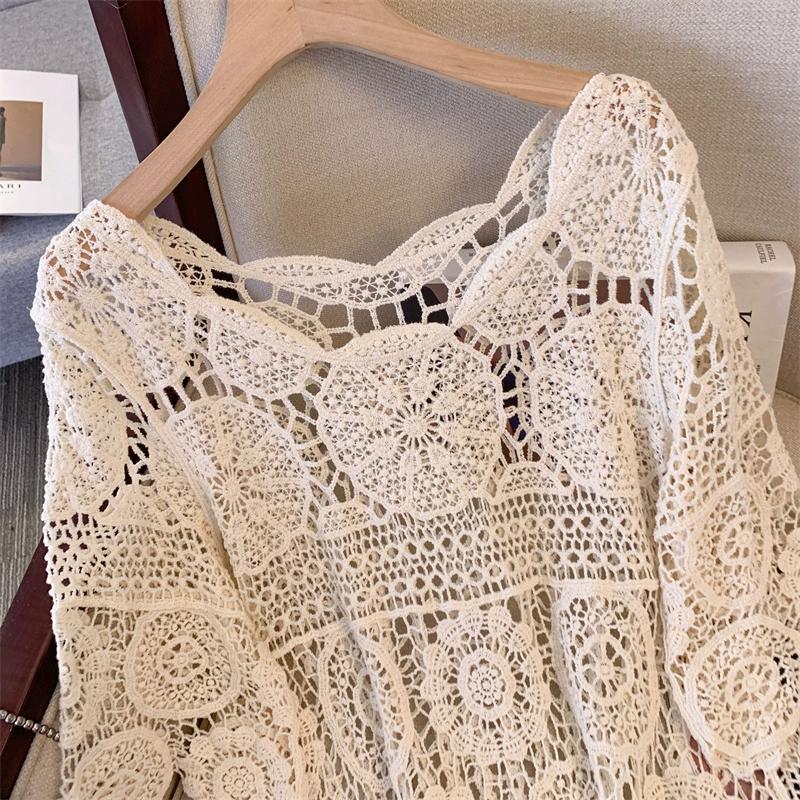 Dimanaf 2025 New Summer Women Long Knitted Dress Asymmetry Sleeve Basic Fashion Lace Dresses Casual Loose