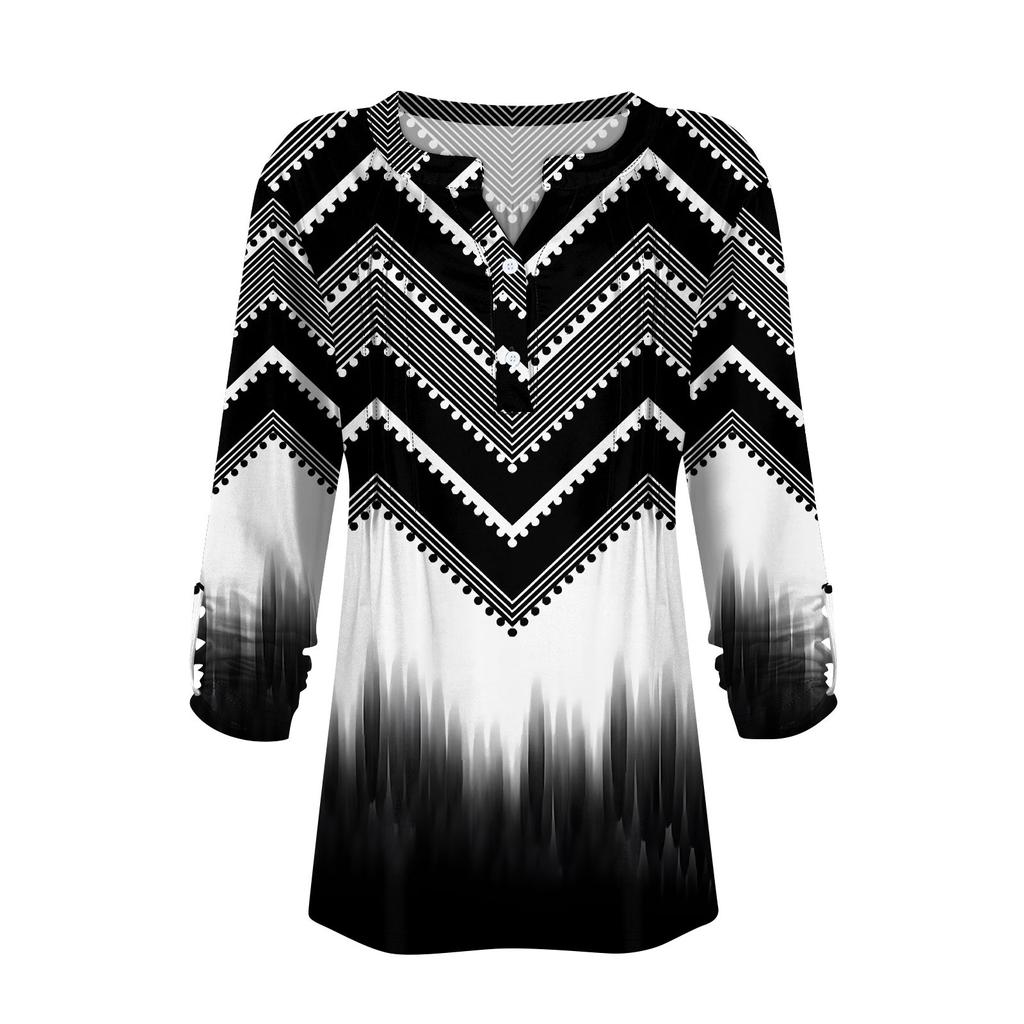 Women's Fashion Casual Printed V-Neck Long Sleeve Button Down T-Shirt Top