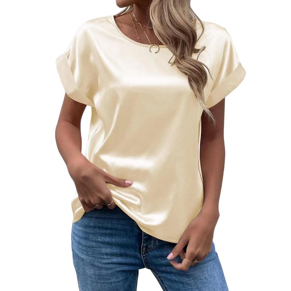 Spring and Summer New Women's Short Sleeve Satin Shirt Loose Casual Round Neck Colored Ding T-shirt Women