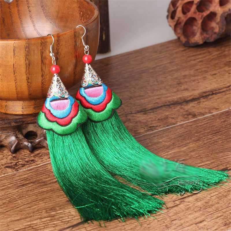 Вышитые серьги с кисточками в стиле ретро, ​​длинные этнические серьги с кисточками в этническом стиле
