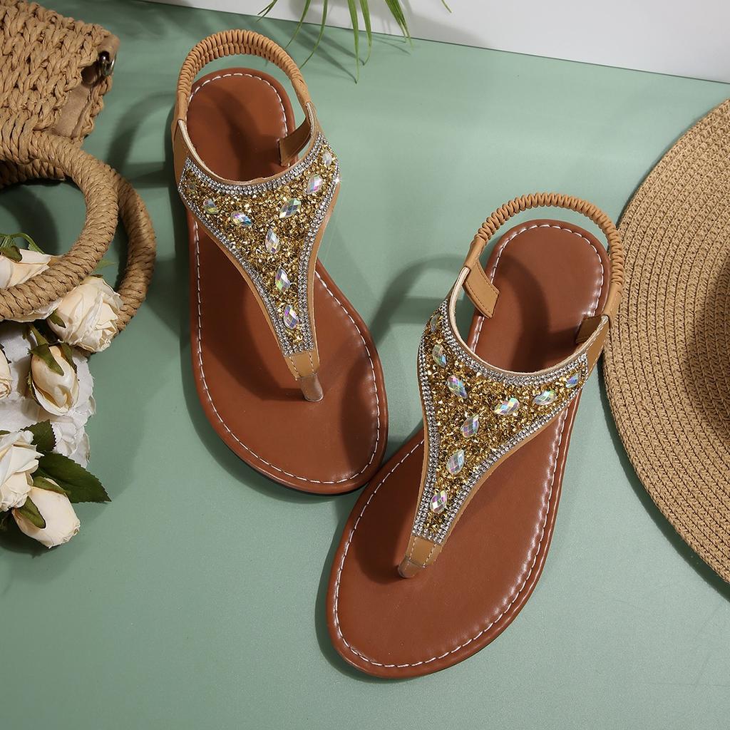 Fashion Fashion Rhinestone Bohemian Sandals Women 2025 Summer Clip Toe Flats Beach Sandles Woman Non Slip Elastic Band Sandalias Mujer