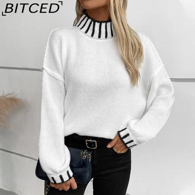 Полосатый пуловер с высоким воротником для женщин на осень/зиму - Вязаный топ оверсайз