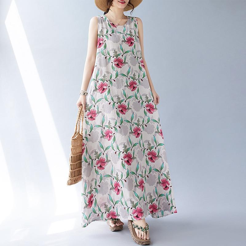 Летнее свободное платье без рукавов с круглым вырезом и принтом средней длины для женщин, повседневные платья