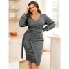 Зимнее серое трикотажное платье бодикон большого размера Женское элегантное платье-свитер с V-образным вырезом и поясом Дамское облегающее платье до колена с длинным рукавом