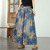 2025 Women New Summer Floral Basic Elastic Jeans Pants Loose Printing Trousers Casual Denim Wide Leg Pants