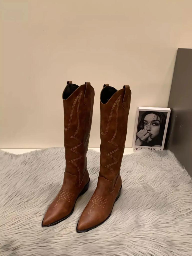 Fashion Woman Cowgirl Boots Fashion Slip On Ladies Elegant Square Low Heel Knee High Boots Shoes Women's Winter Footwear