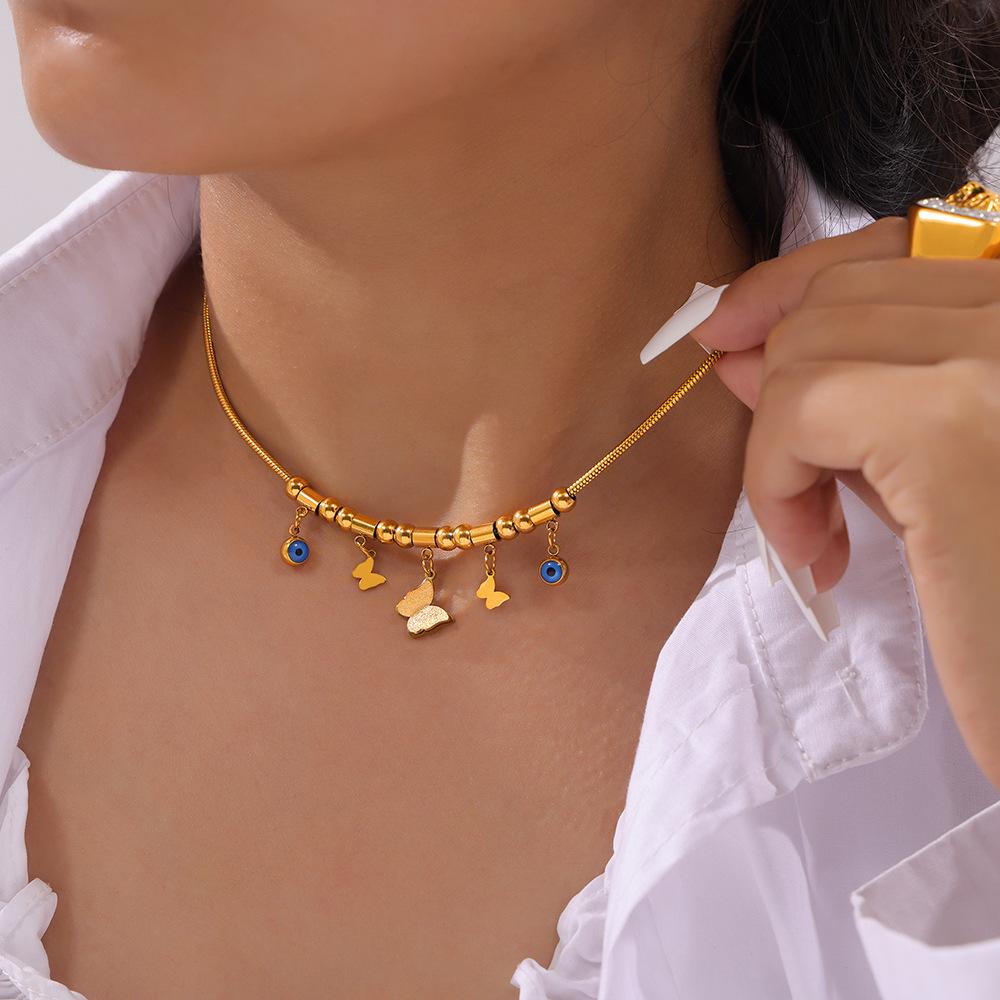 Подвеска из богемской голубой бирюзы, позолоченное ожерелье из титановой стали, бабочка, геометрические круглые бусины, аксессуары, цепочка на ключицу