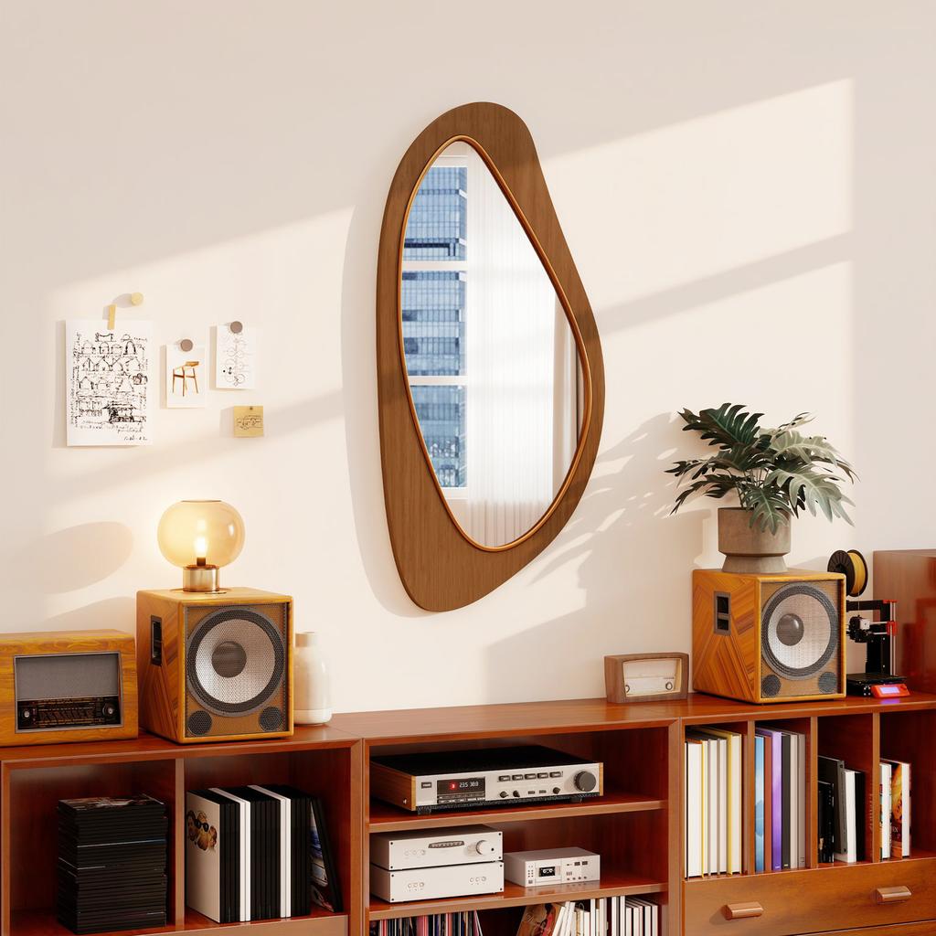 Wall Mirror Window Mirror with Pine Veneer Frame for Bedroom Living Room, 91.5 x 45 x 3 cm, Natural Wood