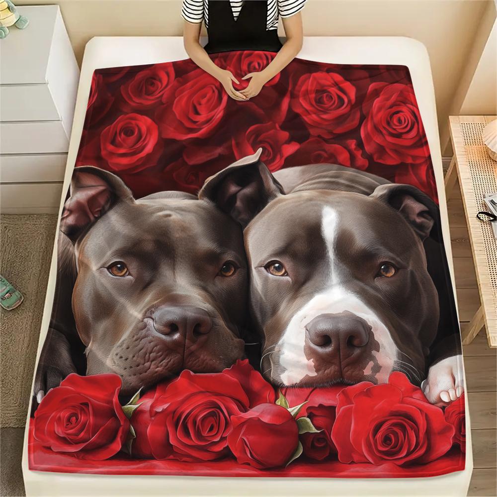 Pitbull and roses,pattern Flannel Blanket, High quality Comfortable for All Seasons, Home Decor, Warmth and Comfort, Perfect for Gifts.