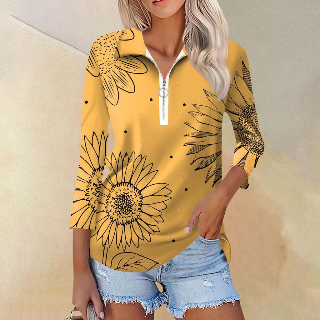 Женская повседневная футболка с v-образным вырезом и семью рукавами, пуловер с половиной молнии и принтом подсолнечника