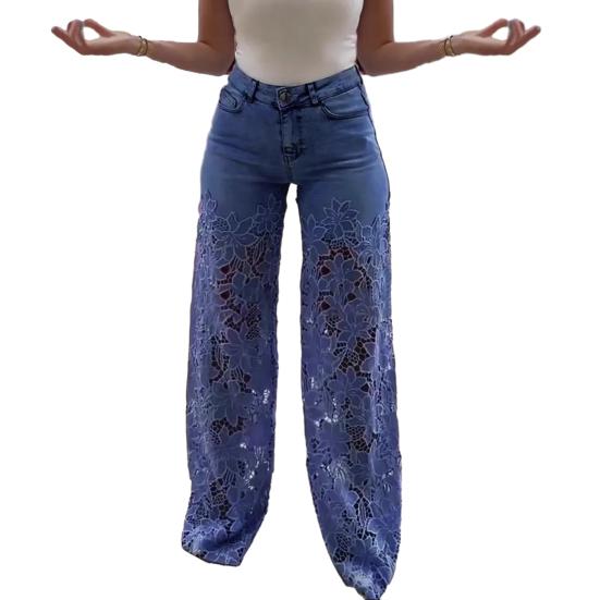 Women's Lace Patchwork Jeans Casual Baggy Straight Wide Leg Denim Pants Mid Waist Floral Hollow Out Jeans